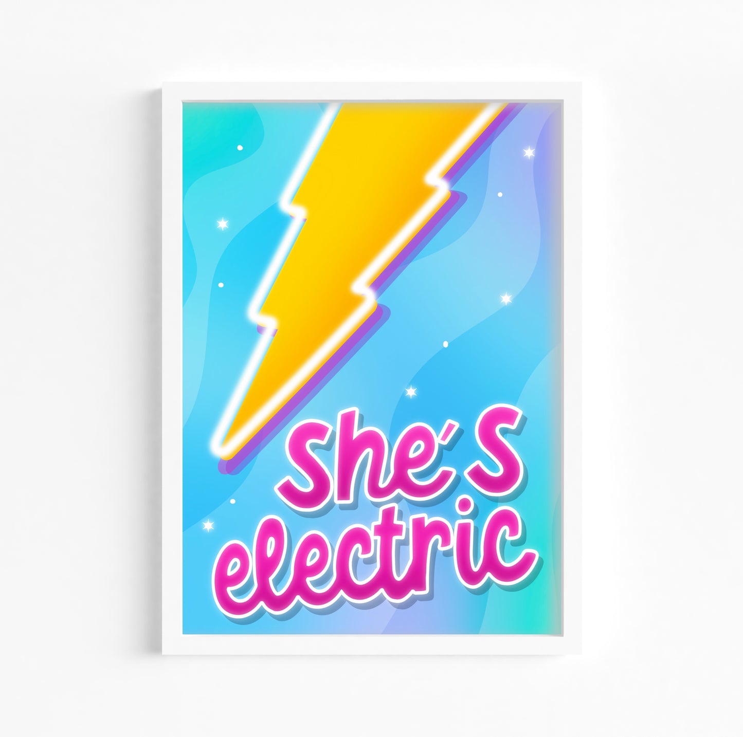 "Captivating wall art in A5 to A3 sizes, inspired by Oasis song, featuring dynamic lightning bolt and bright pink quote."