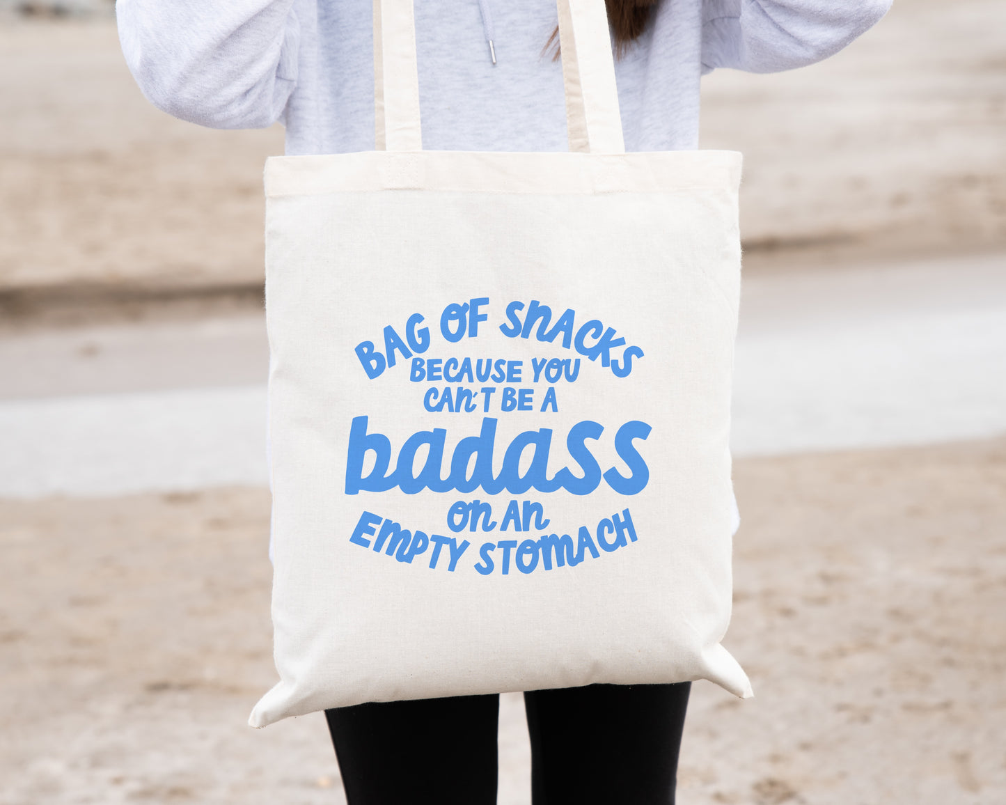 Cute Natural Coloured Tote Bag featuring quote 'bag of snacks because you can't be a badass on an empty stomach'
