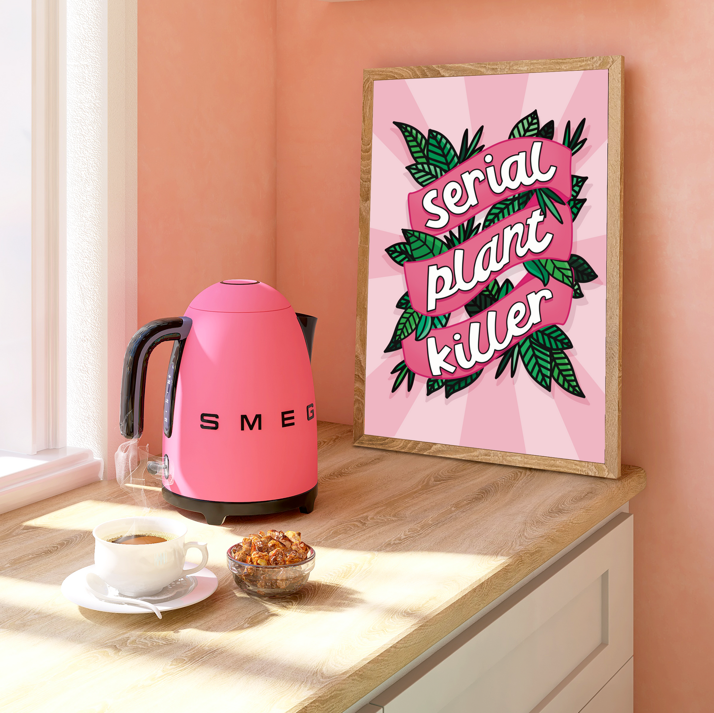 Whimsical wall art print featuring the quote "Serial Plant Killer" with charming illustrations on a colorful backdrop.