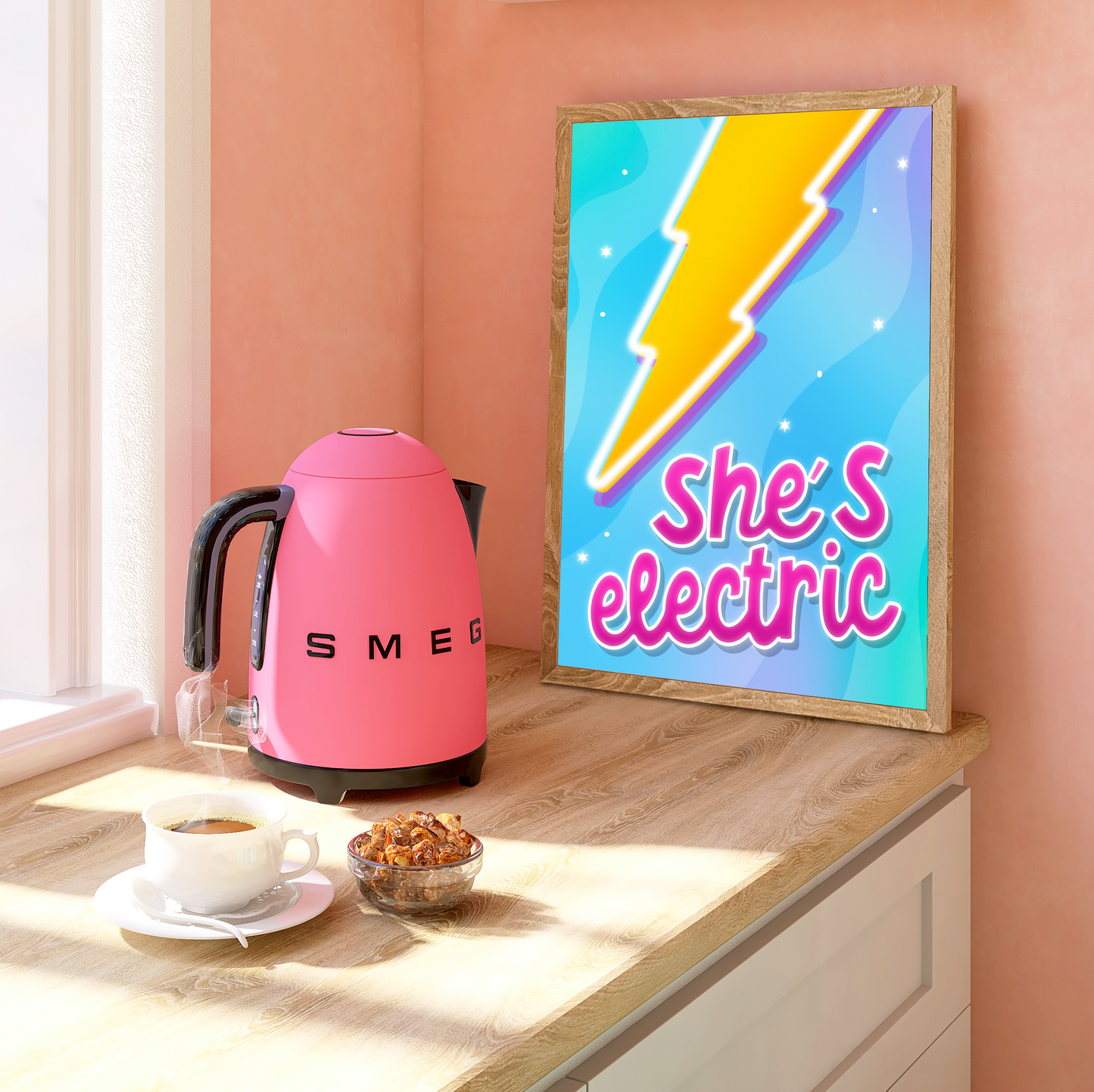 "Eye-catching home decor featuring a colorful lightning bolt and the quote 'she's electric' in pink, available in various sizes."