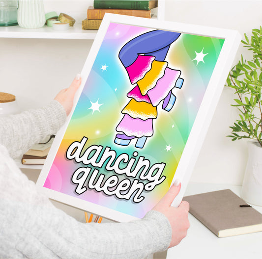 Bright and Colourful Wall Art Print, inspired by Abba with the quote 'dancing queen'