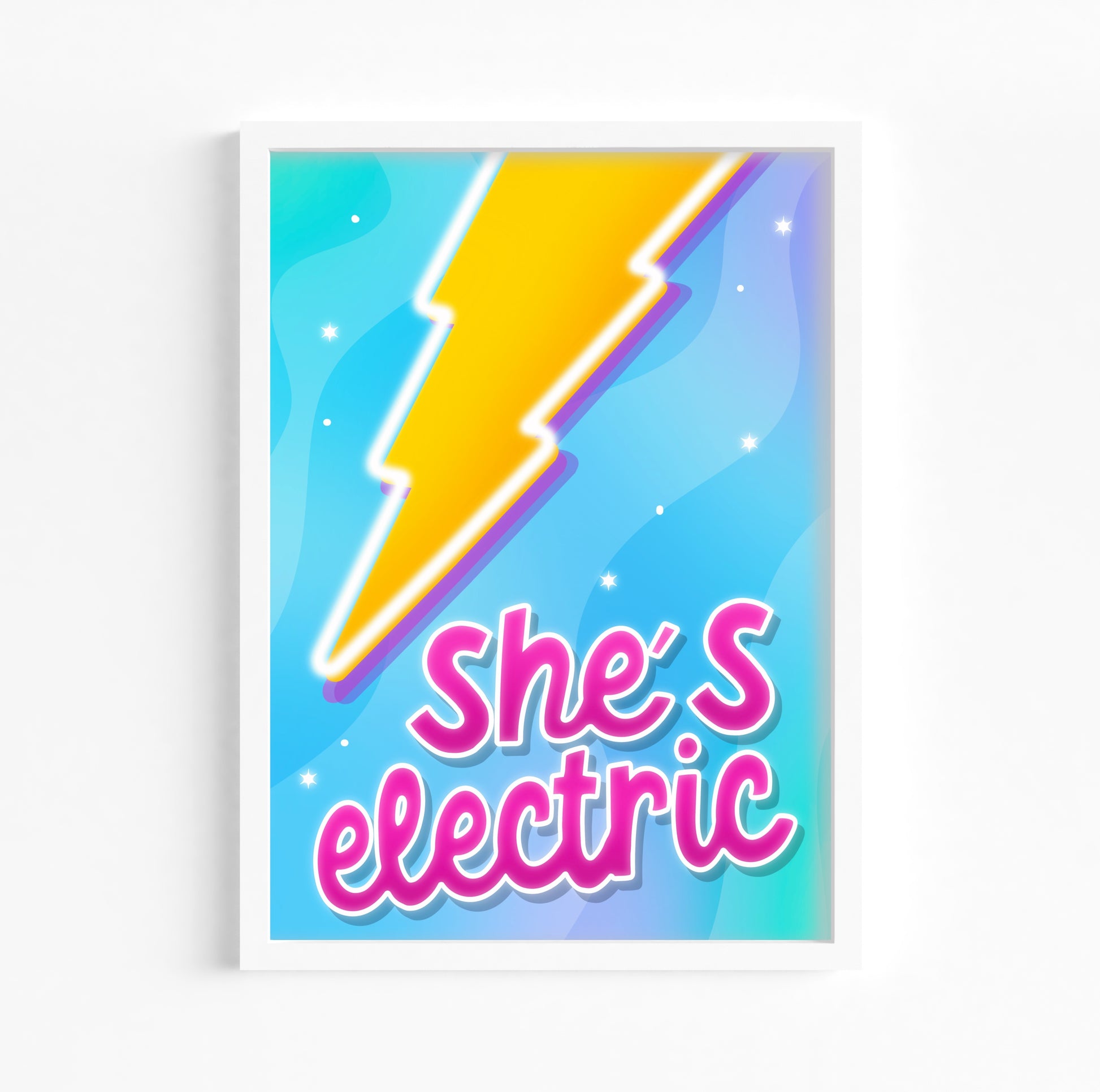 "Captivating wall art in A5 to A3 sizes, inspired by Oasis song, featuring dynamic lightning bolt and bright pink quote."