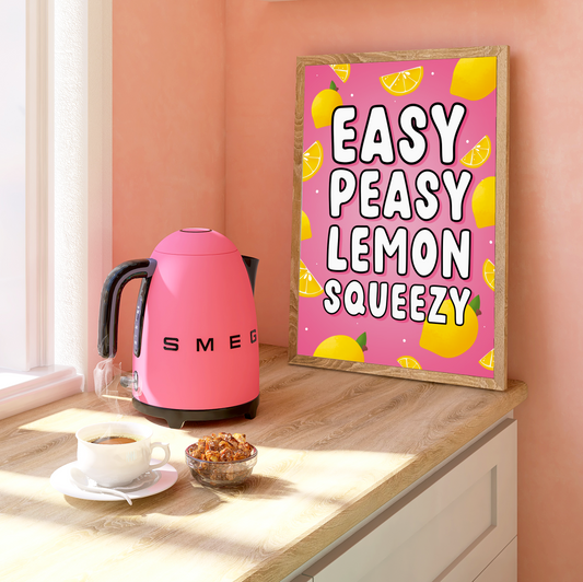 "Easy Peasy Lemon Squeezy Wall Art Print": A playful print with vibrant lemons and the quote "Easy Peasy Lemon Squeezy." Radiates positivity and charm.
