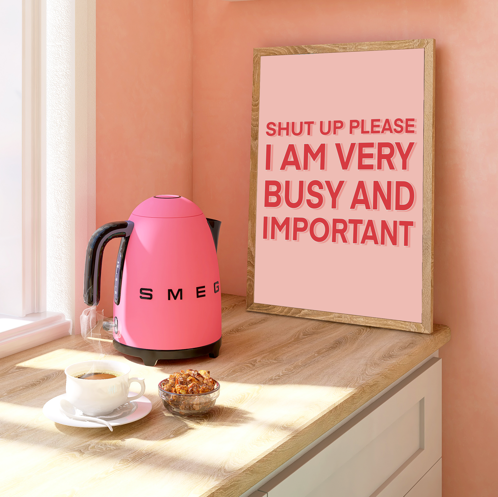 Colourful Movie Quote Print. Inspired by Bridget Jones' Diary. Featuring the quote 'Shut Up Please. I am Very Busy and Important. Bright pink lettering on a lighter pink background.