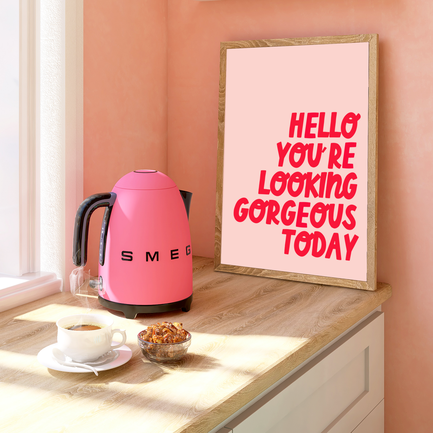 Colourful Print with quote 'hello you're looking gorgeous today' with bright pink lettering on a light pink background