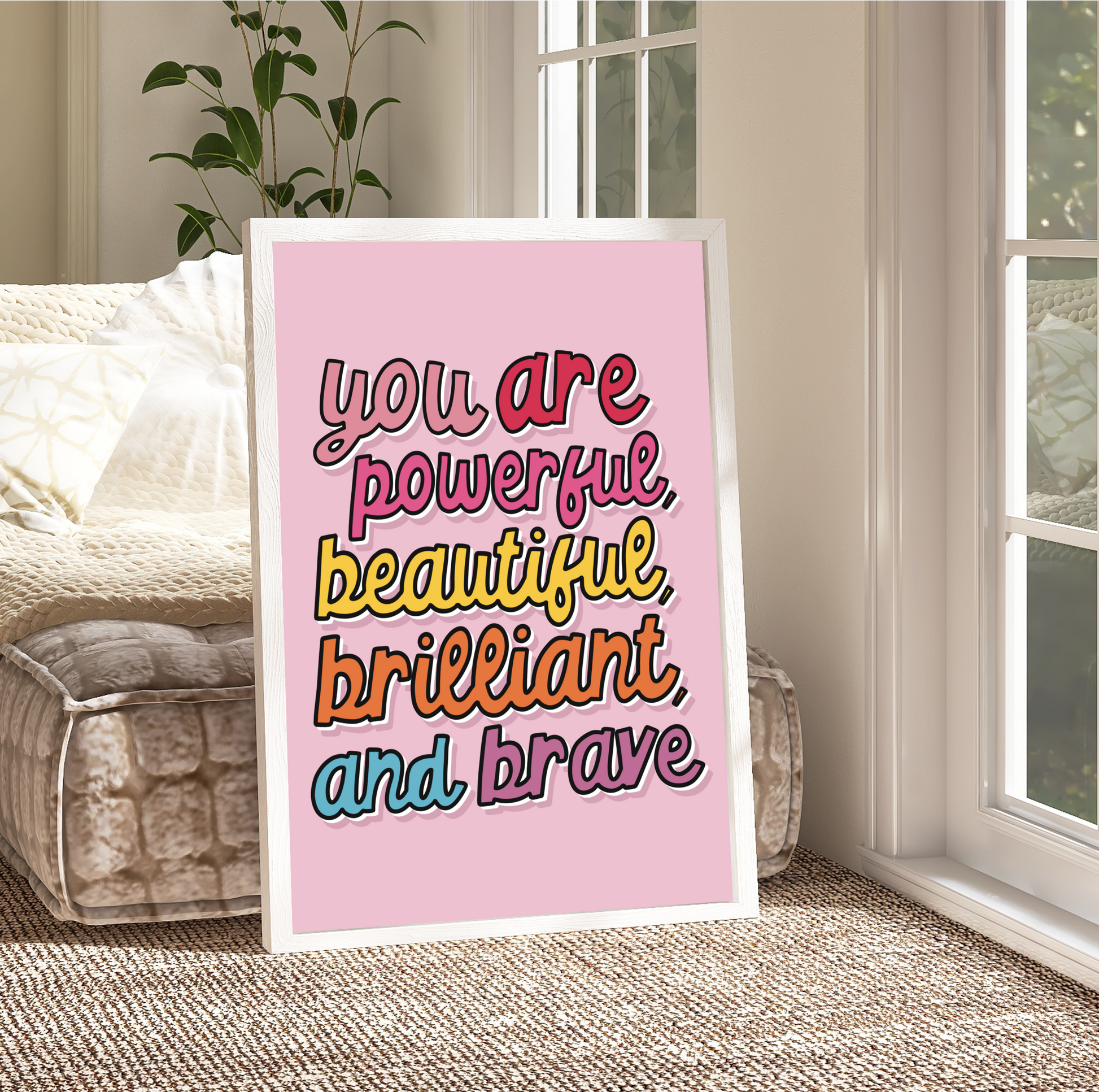 "Framed 'Powerfully Pink' Print - A burst of confidence in vibrant rainbow hues against a pink background. Available in sizes A5 to A3. Free UK delivery."