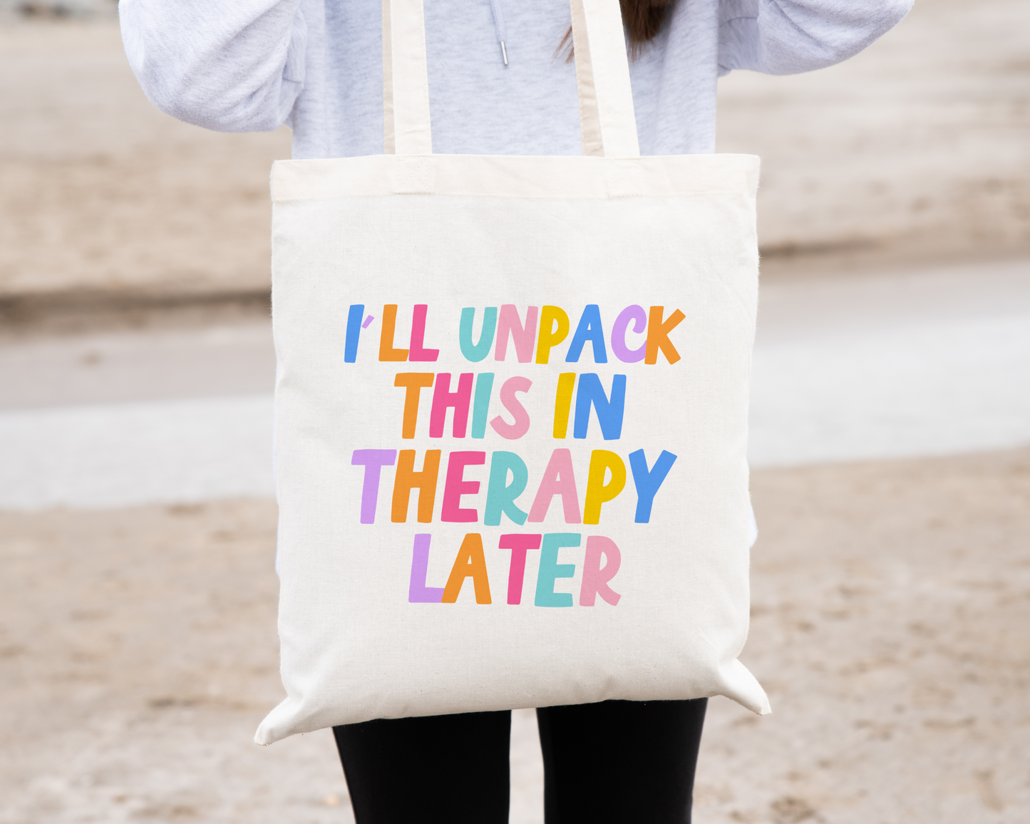 "Eco-Friendly Bag - 'Therapy Unpacker' tote featuring a witty quote, perfect for carrying both style and emotions."